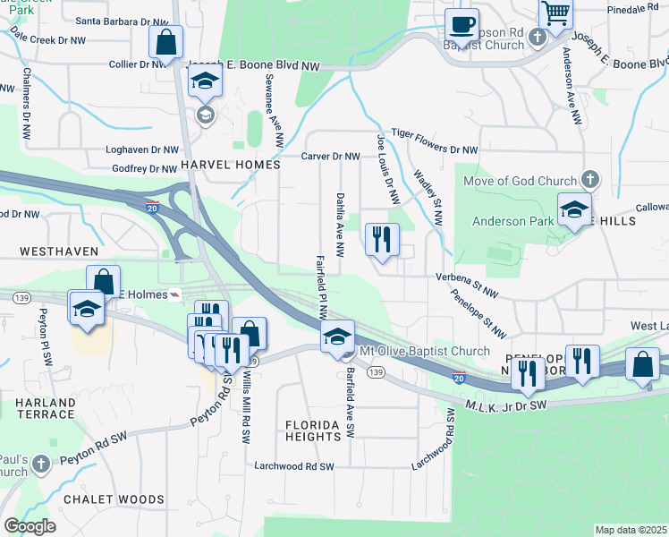 map of restaurants, bars, coffee shops, grocery stores, and more near 100 Dahlia Avenue Northwest in Atlanta
