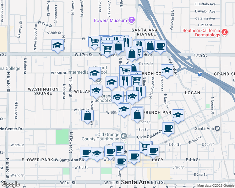 map of restaurants, bars, coffee shops, grocery stores, and more near 1302 North Broadway in Santa Ana