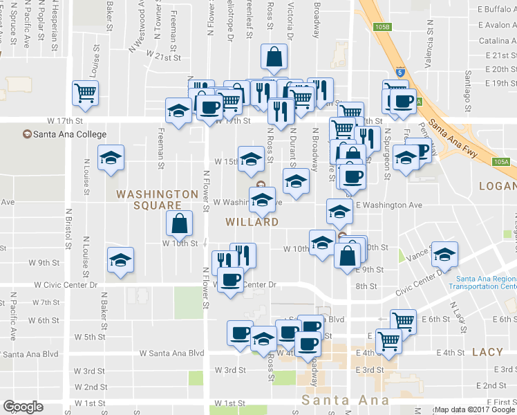 map of restaurants, bars, coffee shops, grocery stores, and more near 1288 North Ross Street in Santa Ana