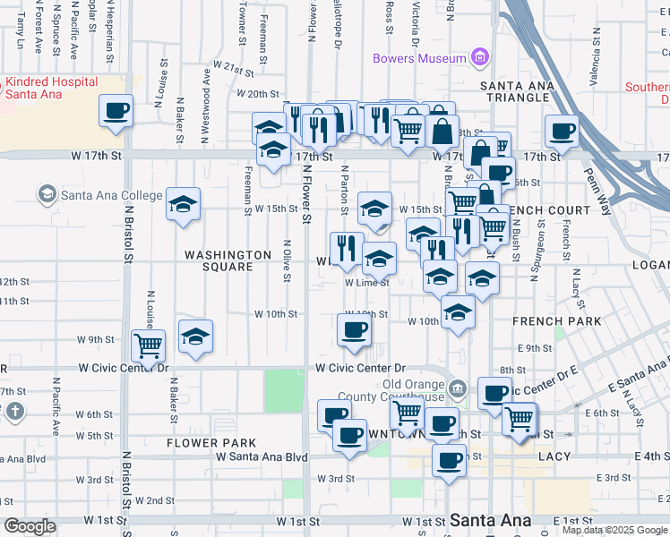 map of restaurants, bars, coffee shops, grocery stores, and more near 710 West Washington Avenue in Santa Ana
