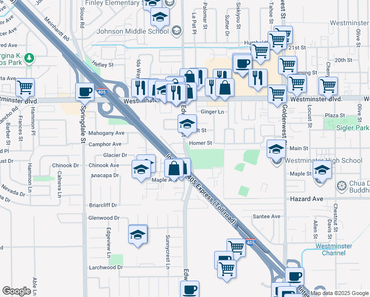 map of restaurants, bars, coffee shops, grocery stores, and more near 14212 Edwards Street in Westminster