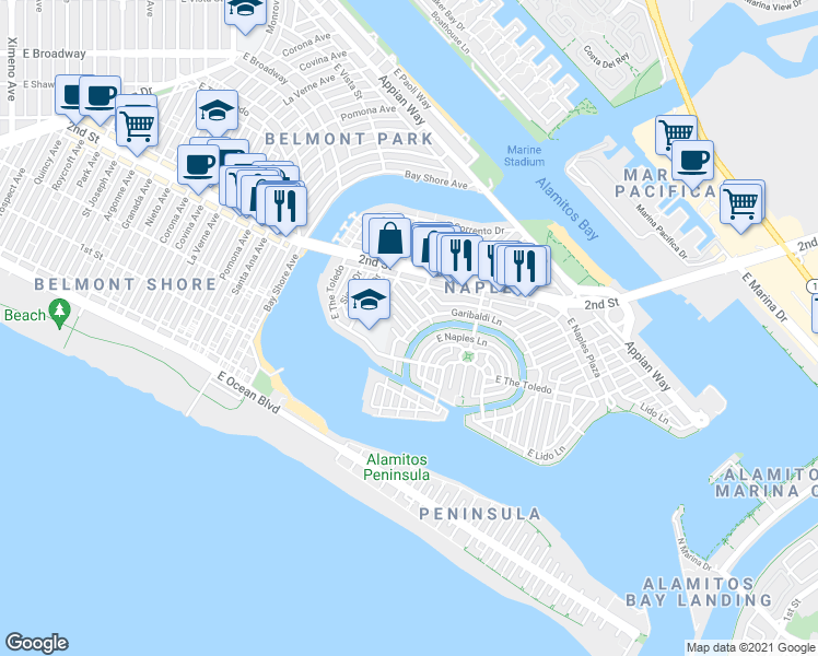 map of restaurants, bars, coffee shops, grocery stores, and more near 5550 East Saint Irmo Walk in Long Beach
