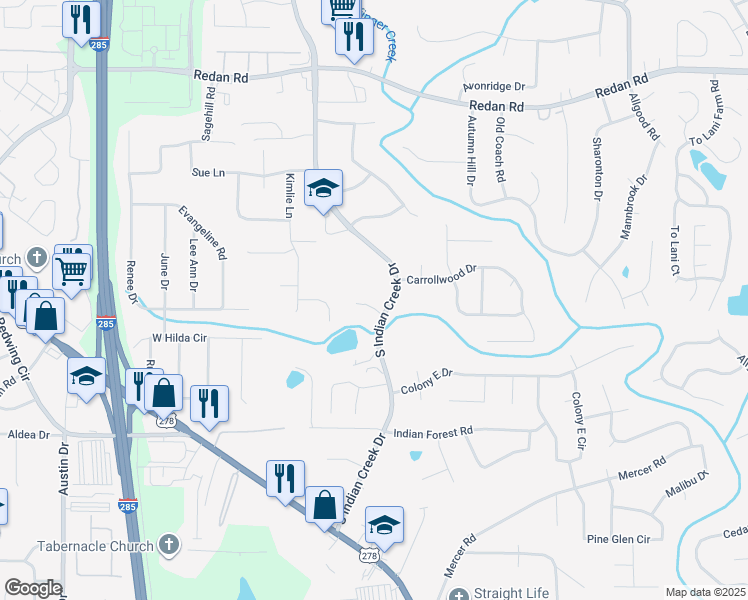 map of restaurants, bars, coffee shops, grocery stores, and more near 1411 South Indian Creek Drive in Stone Mountain