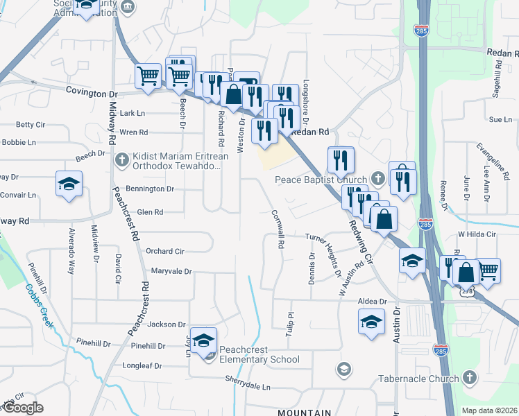 map of restaurants, bars, coffee shops, grocery stores, and more near 1284 Weston Drive in Decatur