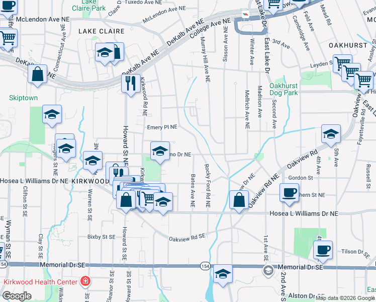 map of restaurants, bars, coffee shops, grocery stores, and more near 140 Rockyford Road Northeast in Atlanta