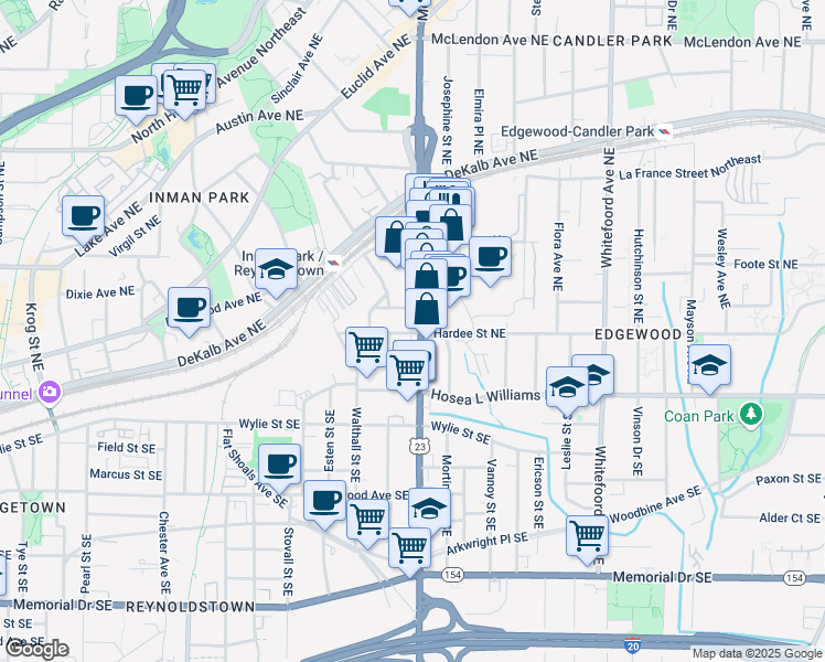 map of restaurants, bars, coffee shops, grocery stores, and more near 74 Moreland Avenue Northeast in Atlanta