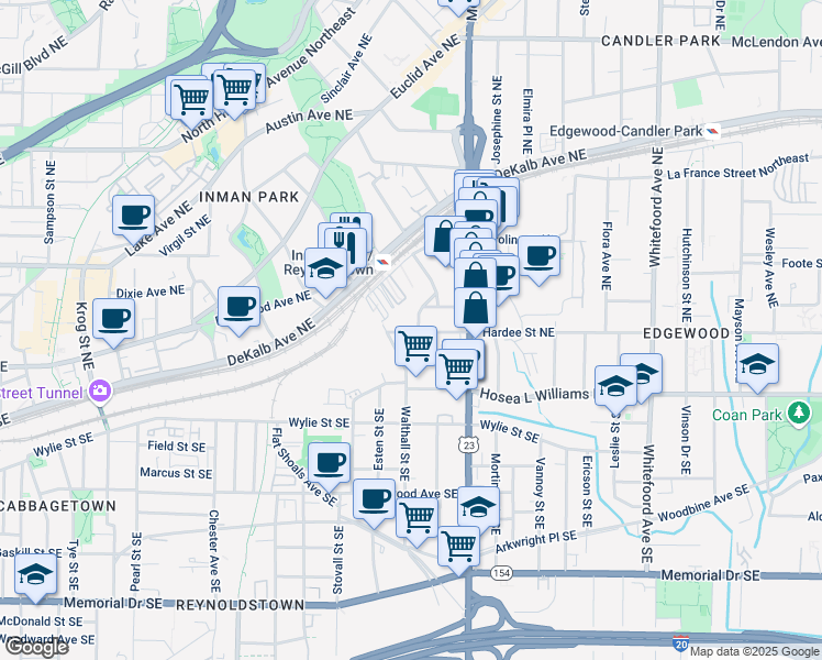 map of restaurants, bars, coffee shops, grocery stores, and more near 1119 Kensington Street Northeast in Atlanta