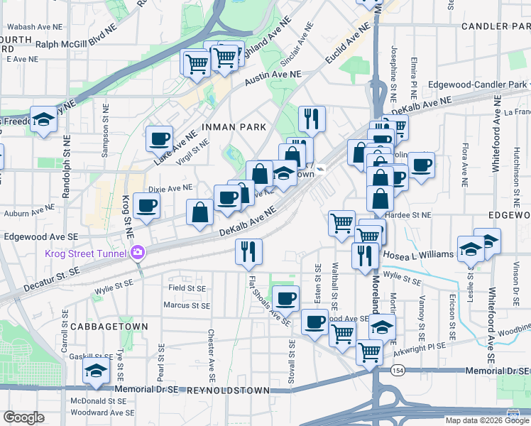 map of restaurants, bars, coffee shops, grocery stores, and more near 964 DeKalb Avenue Northeast in Atlanta