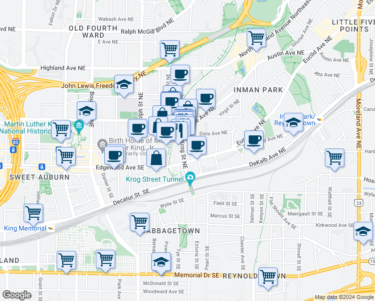 map of restaurants, bars, coffee shops, grocery stores, and more near 77 Krog Street Northeast in Atlanta
