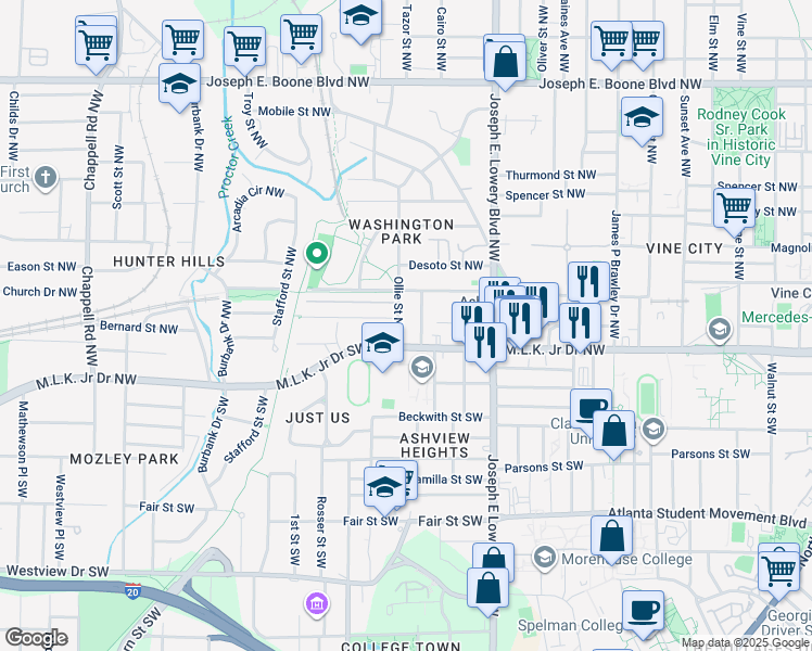 map of restaurants, bars, coffee shops, grocery stores, and more near 1027 Harwell Street Northwest in Atlanta