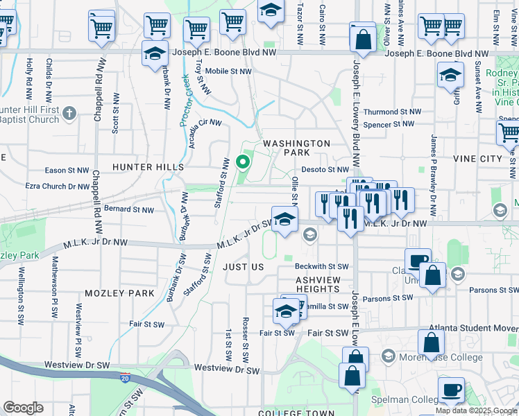 map of restaurants, bars, coffee shops, grocery stores, and more near 1090 Harwell Street Northwest in Atlanta