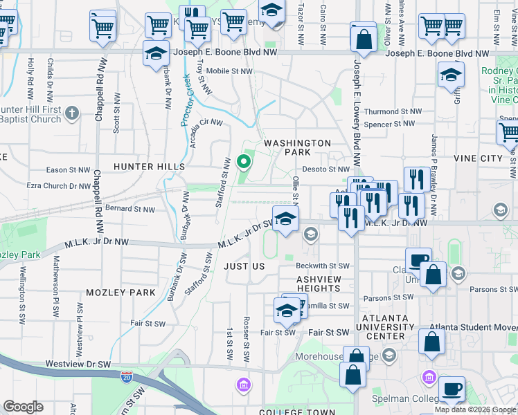 map of restaurants, bars, coffee shops, grocery stores, and more near 1073 Harwell Street Northwest in Atlanta