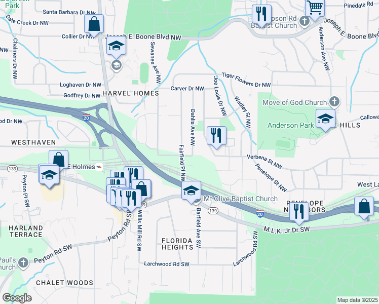 map of restaurants, bars, coffee shops, grocery stores, and more near 100 Dahlia Avenue Northwest in Atlanta