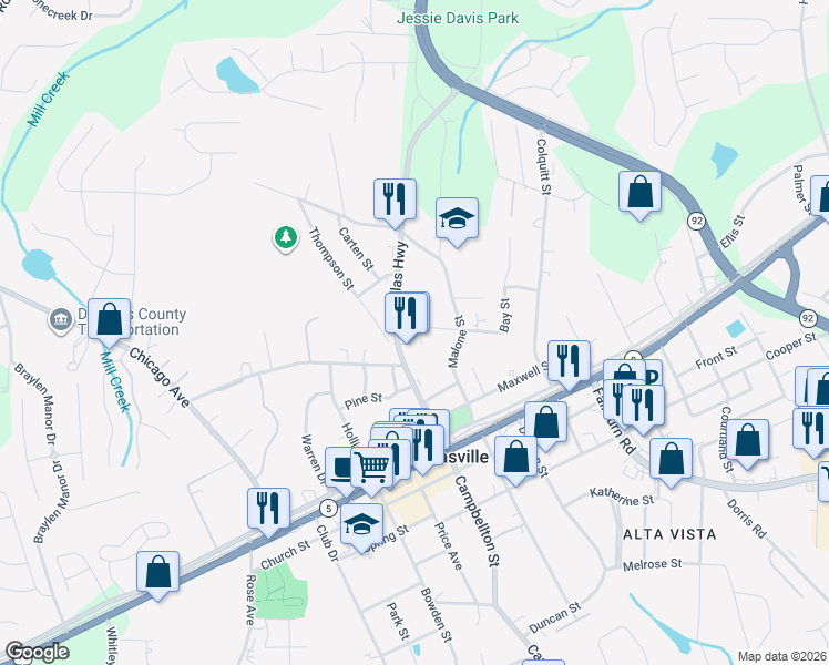 map of restaurants, bars, coffee shops, grocery stores, and more near 6674 Young Court in Douglasville