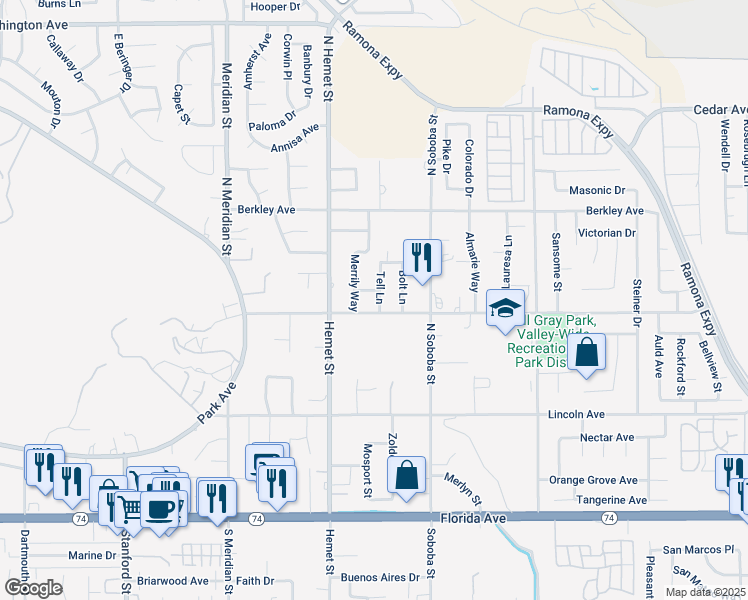 map of restaurants, bars, coffee shops, grocery stores, and more near 527 Tell Lane in Hemet