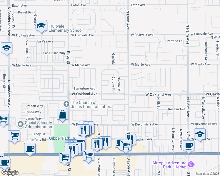 map of restaurants, bars, coffee shops, grocery stores, and more near 588 Sabado Court in Hemet