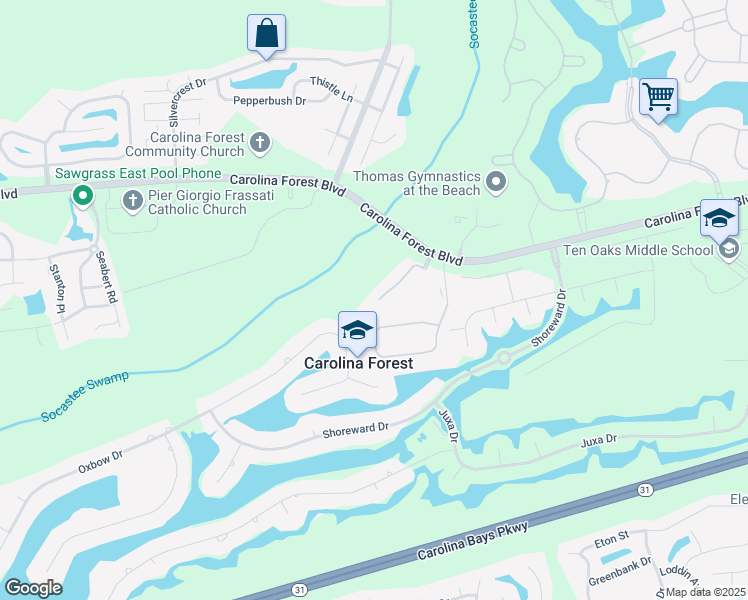 map of restaurants, bars, coffee shops, grocery stores, and more near 136 Westhaven Drive in Myrtle Beach