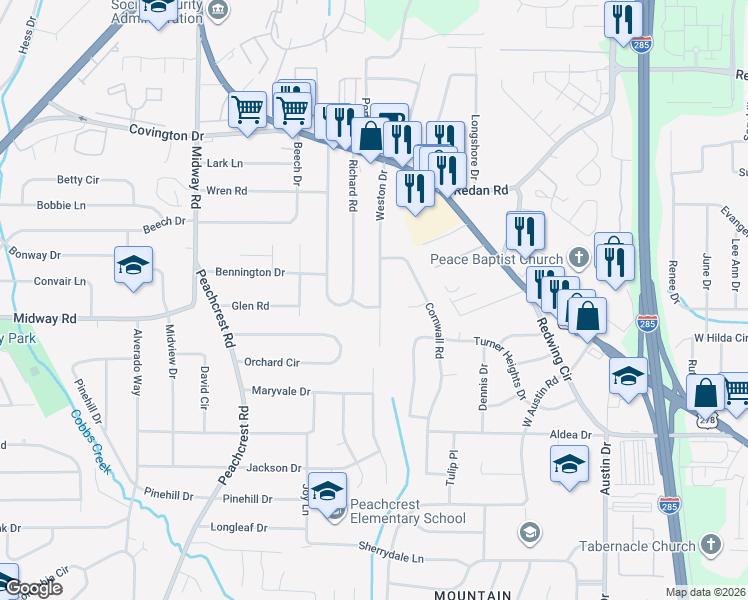 map of restaurants, bars, coffee shops, grocery stores, and more near 1347 Richard Road in Decatur