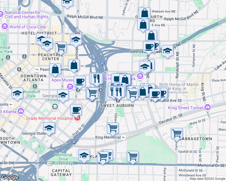 map of restaurants, bars, coffee shops, grocery stores, and more near Auburn Avenue Northeast in Atlanta