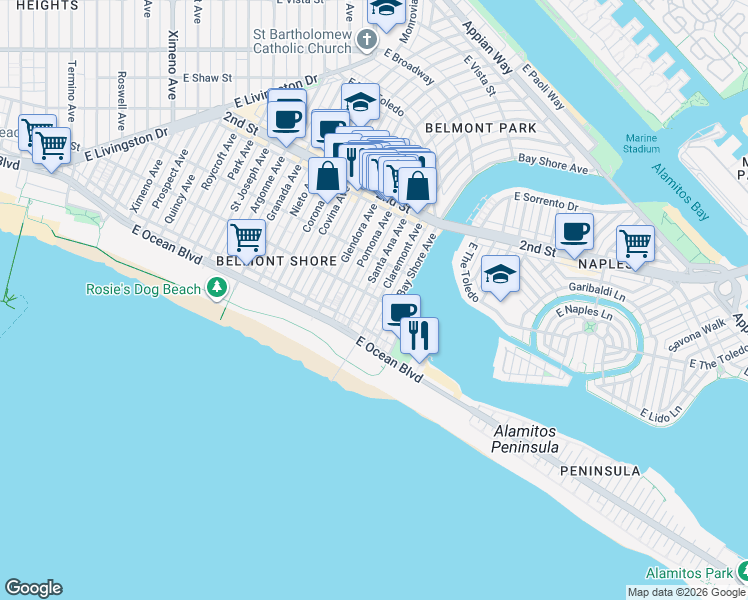 map of restaurants, bars, coffee shops, grocery stores, and more near 75 Claremont Avenue in Long Beach