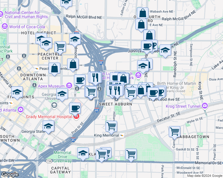 map of restaurants, bars, coffee shops, grocery stores, and more near Auburn Avenue Northeast in Atlanta