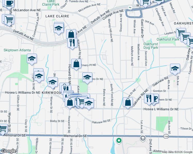 map of restaurants, bars, coffee shops, grocery stores, and more near 140 Rockyford Road Northeast in Atlanta
