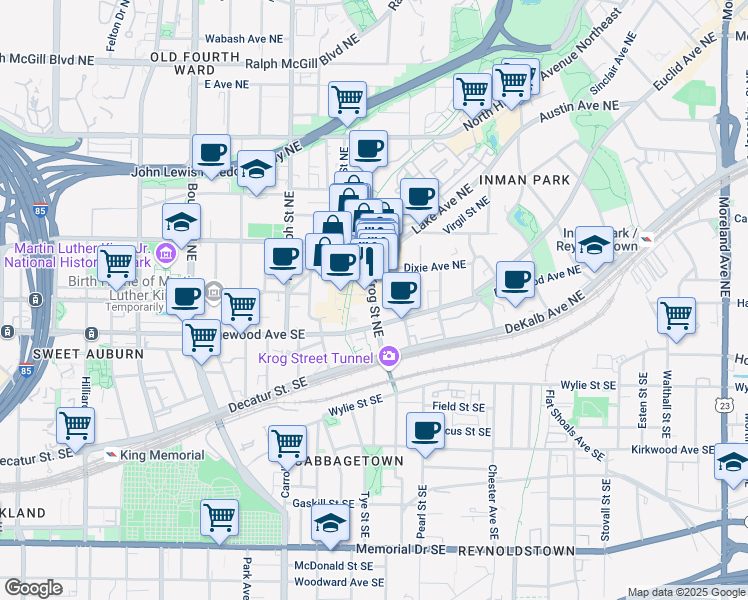 map of restaurants, bars, coffee shops, grocery stores, and more near 71 Krog Street Northeast in Atlanta