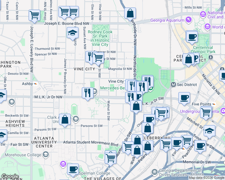 map of restaurants, bars, coffee shops, grocery stores, and more near 587 University Place Northwest in Atlanta