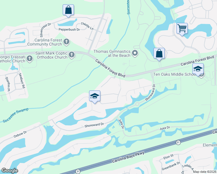 map of restaurants, bars, coffee shops, grocery stores, and more near 155 Westhaven Drive in Myrtle Beach