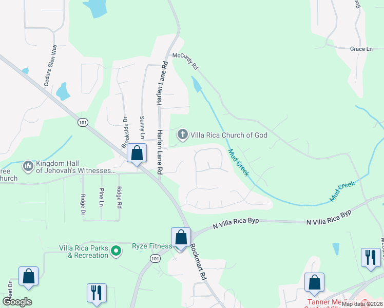 map of restaurants, bars, coffee shops, grocery stores, and more near 97 Harlan Lane Road in Villa Rica