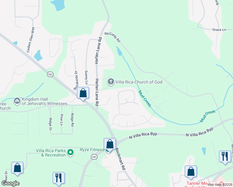map of restaurants, bars, coffee shops, grocery stores, and more near 97 Harlan Lane Road in Villa Rica