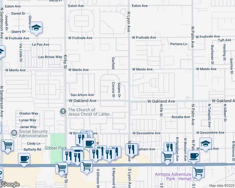 map of restaurants, bars, coffee shops, grocery stores, and more near 599 Solano Drive in Hemet