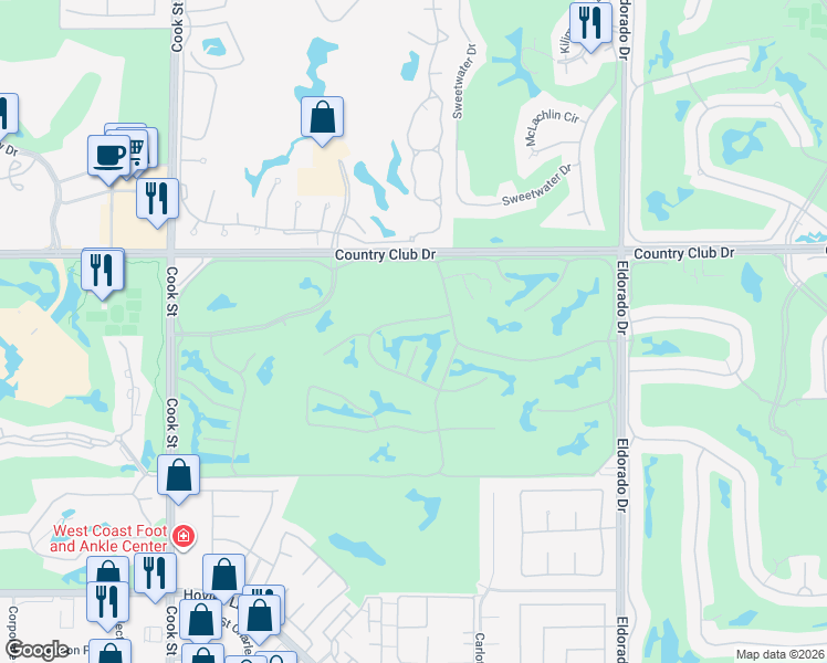 map of restaurants, bars, coffee shops, grocery stores, and more near 203 Wild Horse Drive in Palm Desert
