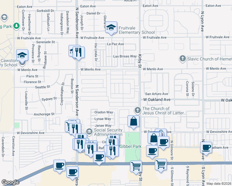 map of restaurants, bars, coffee shops, grocery stores, and more near 601 North Kirby Street in Hemet