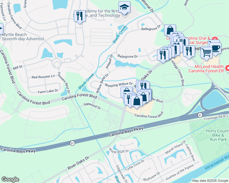 map of restaurants, bars, coffee shops, grocery stores, and more near 139 Weeping Willow Drive in Myrtle Beach