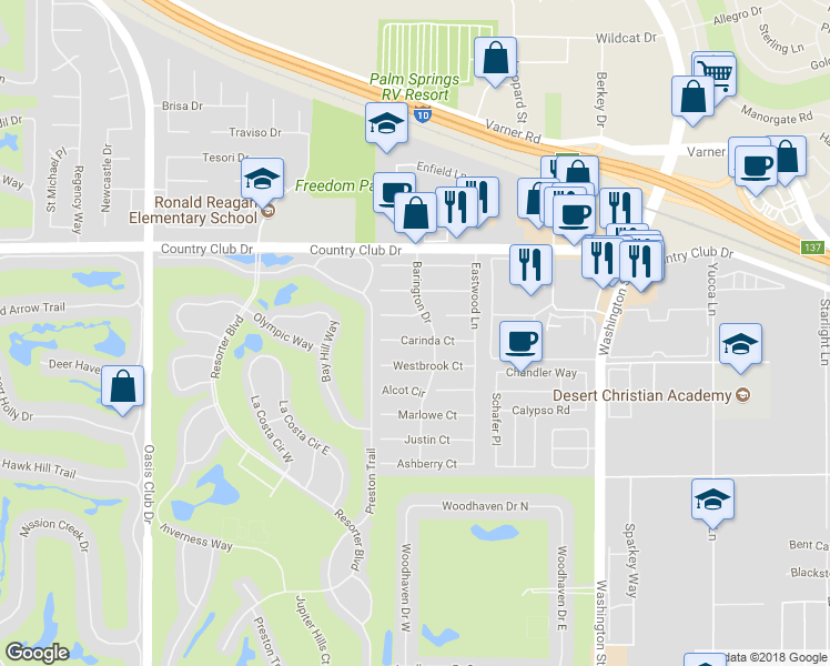 map of restaurants, bars, coffee shops, grocery stores, and more near 77600 Carinda Court in Palm Desert