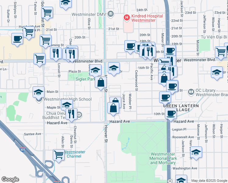 map of restaurants, bars, coffee shops, grocery stores, and more near 14272 Hoover Street in Westminster