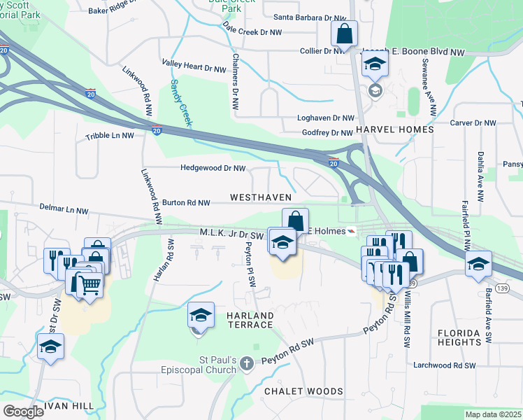 map of restaurants, bars, coffee shops, grocery stores, and more near 2682 Burton Road Northwest in Atlanta