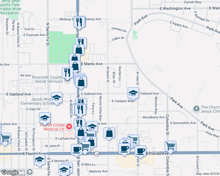 map of restaurants, bars, coffee shops, grocery stores, and more near 528 North Girard Street in Hemet