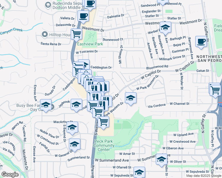 map of restaurants, bars, coffee shops, grocery stores, and more near 1405 Brett Place in Los Angeles