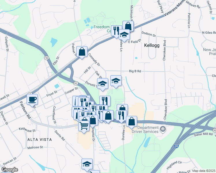 map of restaurants, bars, coffee shops, grocery stores, and more near 8228 Connally Drive in Douglasville