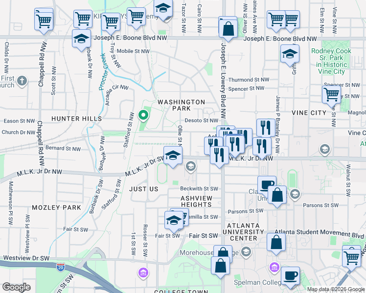 map of restaurants, bars, coffee shops, grocery stores, and more near 1027 Harwell Street Northwest in Atlanta