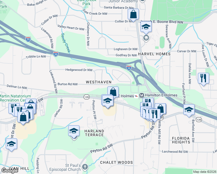 map of restaurants, bars, coffee shops, grocery stores, and more near 2642 Burton Road Northwest in Atlanta