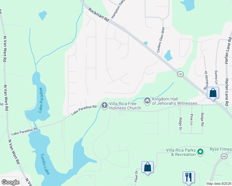 map of restaurants, bars, coffee shops, grocery stores, and more near 253 Whitney Lane in Villa Rica