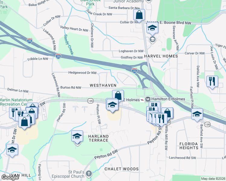 map of restaurants, bars, coffee shops, grocery stores, and more near 2642 Burton Road Northwest in Atlanta