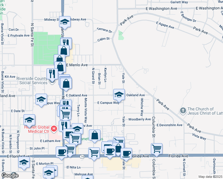 map of restaurants, bars, coffee shops, grocery stores, and more near 511 Lavina Court in Hemet