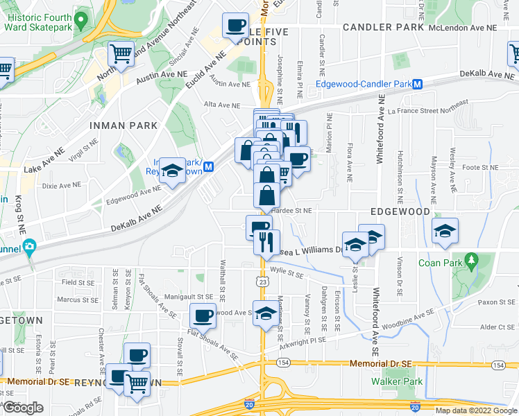 map of restaurants, bars, coffee shops, grocery stores, and more near 74 Moreland Avenue Northeast in Atlanta