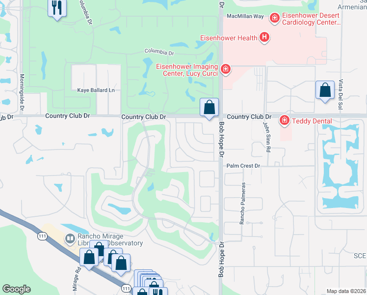 map of restaurants, bars, coffee shops, grocery stores, and more near 62 Sierra Madre Way in Rancho Mirage