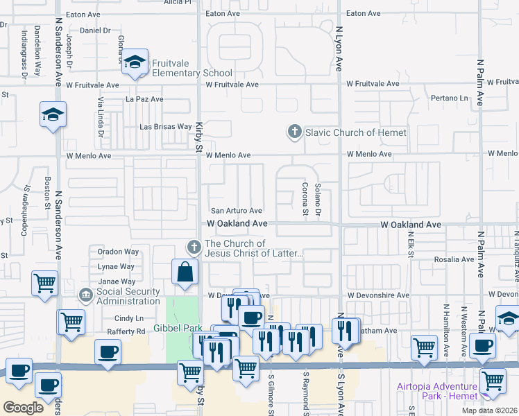 map of restaurants, bars, coffee shops, grocery stores, and more near 533 San Rogelio Street in Hemet
