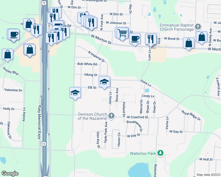 map of restaurants, bars, coffee shops, grocery stores, and more near 201 Jenny Lane in Denison